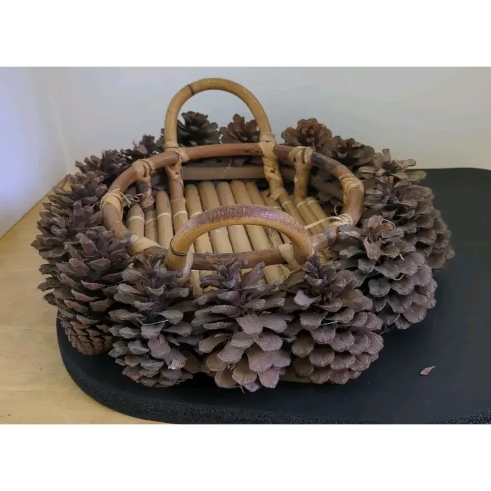 Round Bamboo Basket With Pine Cones And Handles 12 Inches Made In Philippines